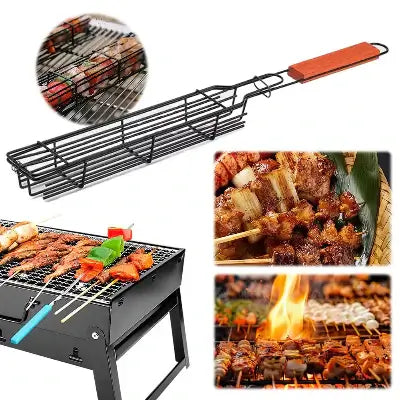 BBQ grill basket with wooden handle, grilling skewers and kebabs over open flame